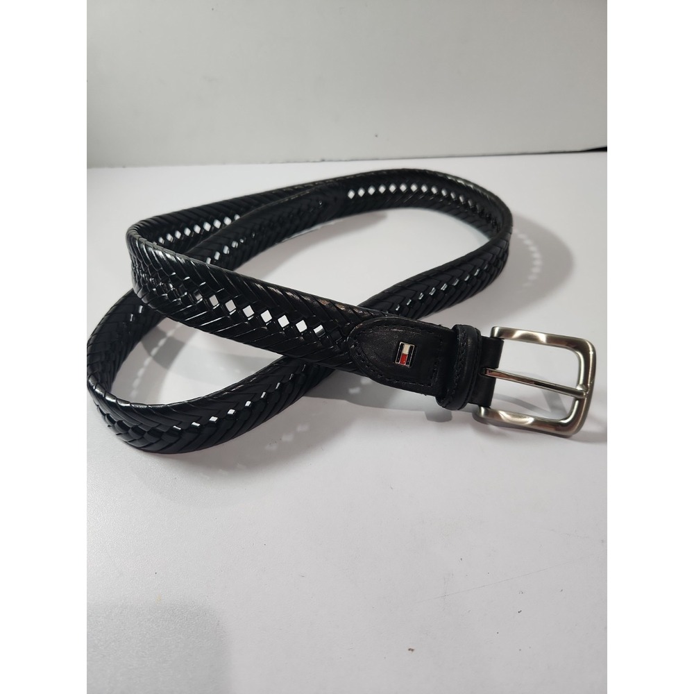 Tommy Hilfiger Mens Braided Woven Black Bonded Leather Belt Size 38/95 AAD